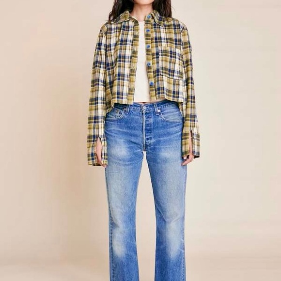 NWT Back Beat Co. ‘Plaid Boxy Cropped Shirt’ in “Gold Plaid” Size Large - Picture 3 of 16
